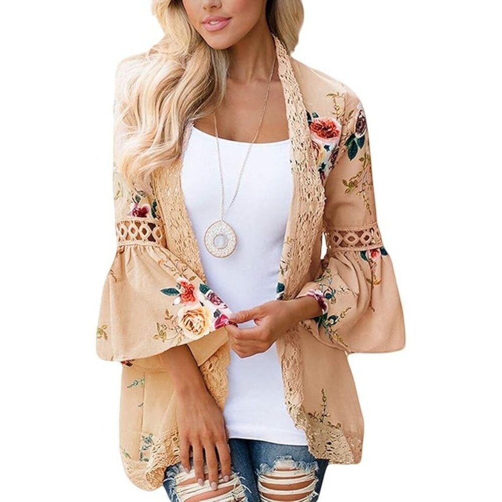New Floral Beige Kimono Cardigan Lace Trim & 3/4 Bell Sleeves M RC10148 Open